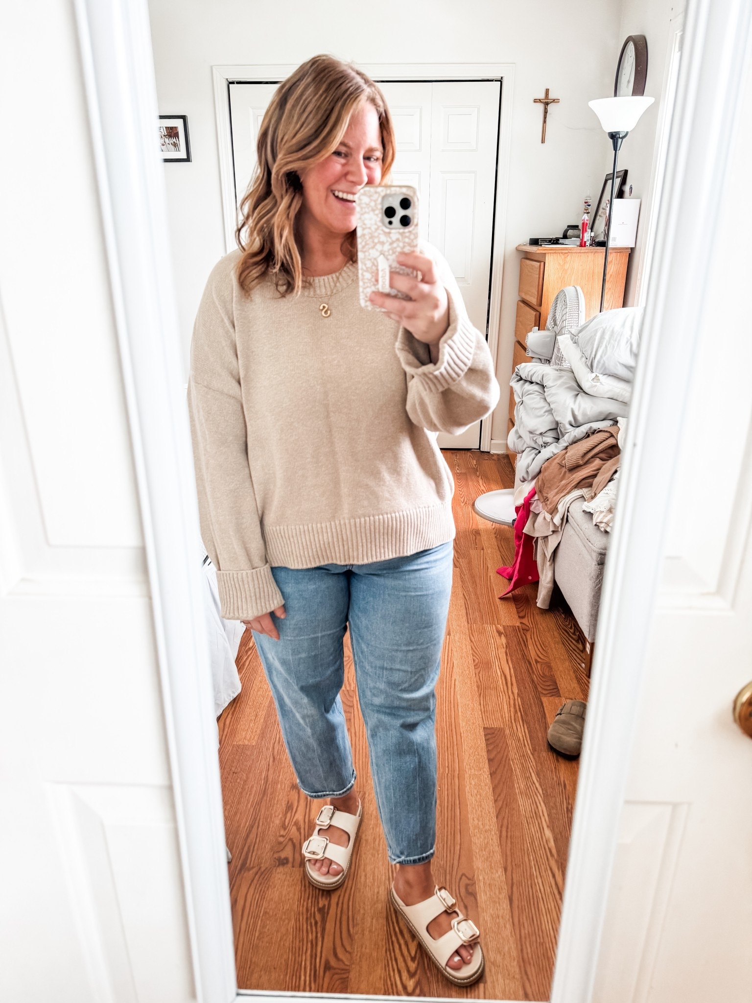 My jeans are the Abercrombie mom jeans - my wash might be sold out.  Wearing a 32 short.  Sweater is an XL (I sized up for extra room)  

#LTKMidsize #LTKSeasonal #LTKPetite