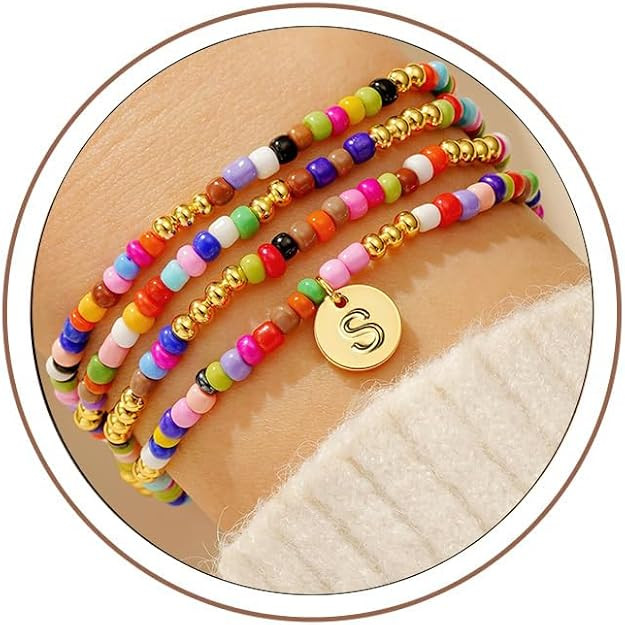 Turandoss Easter Gifts for Kids - 4PCS Colorful Beaded Initial Bracelets, Cute Stretch Beaded Boh... | Amazon (US)