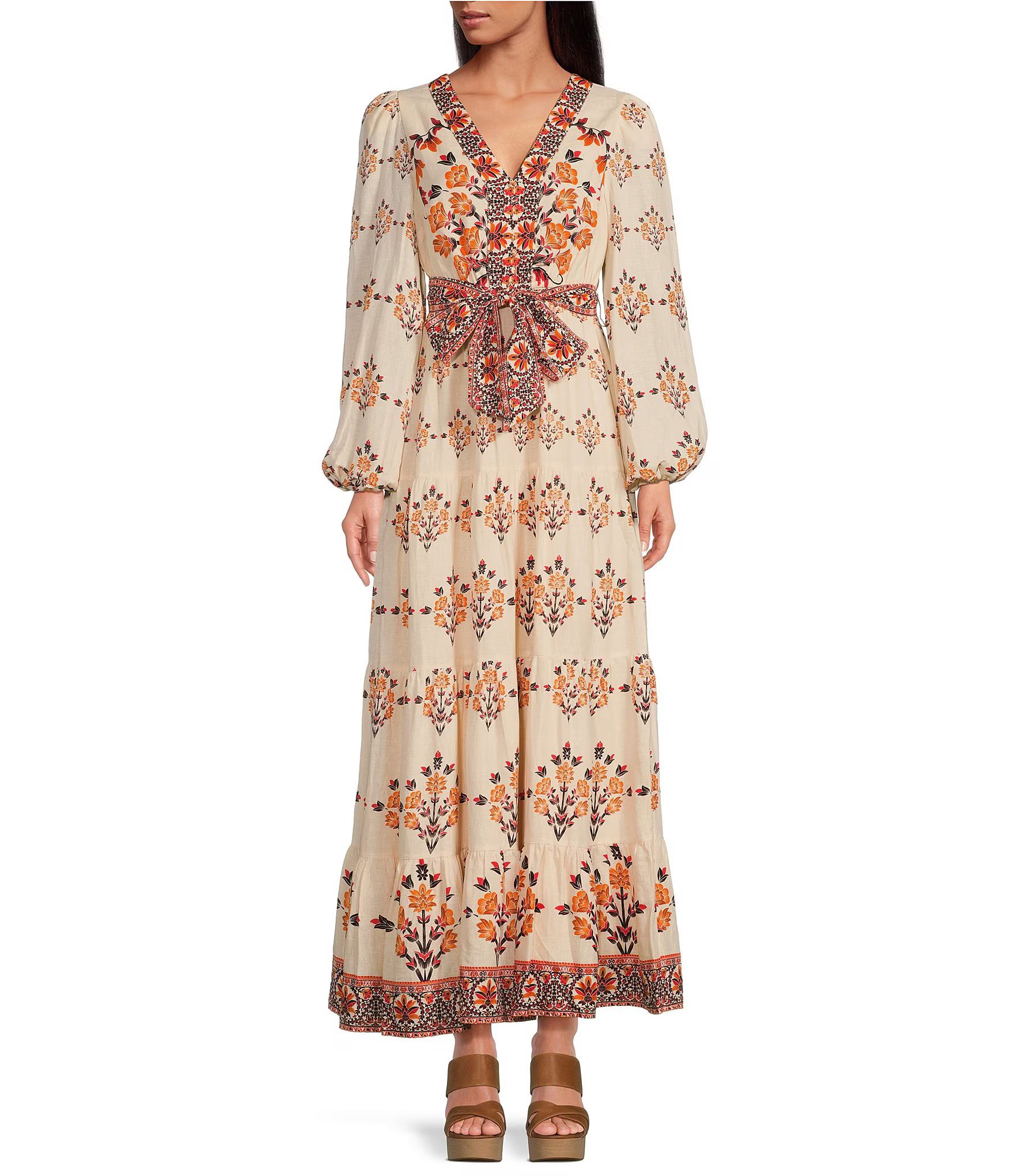 Floral Printed Linen Blend Long Sleeve V-Neck Self Tie Maxi Dress | Dillard's