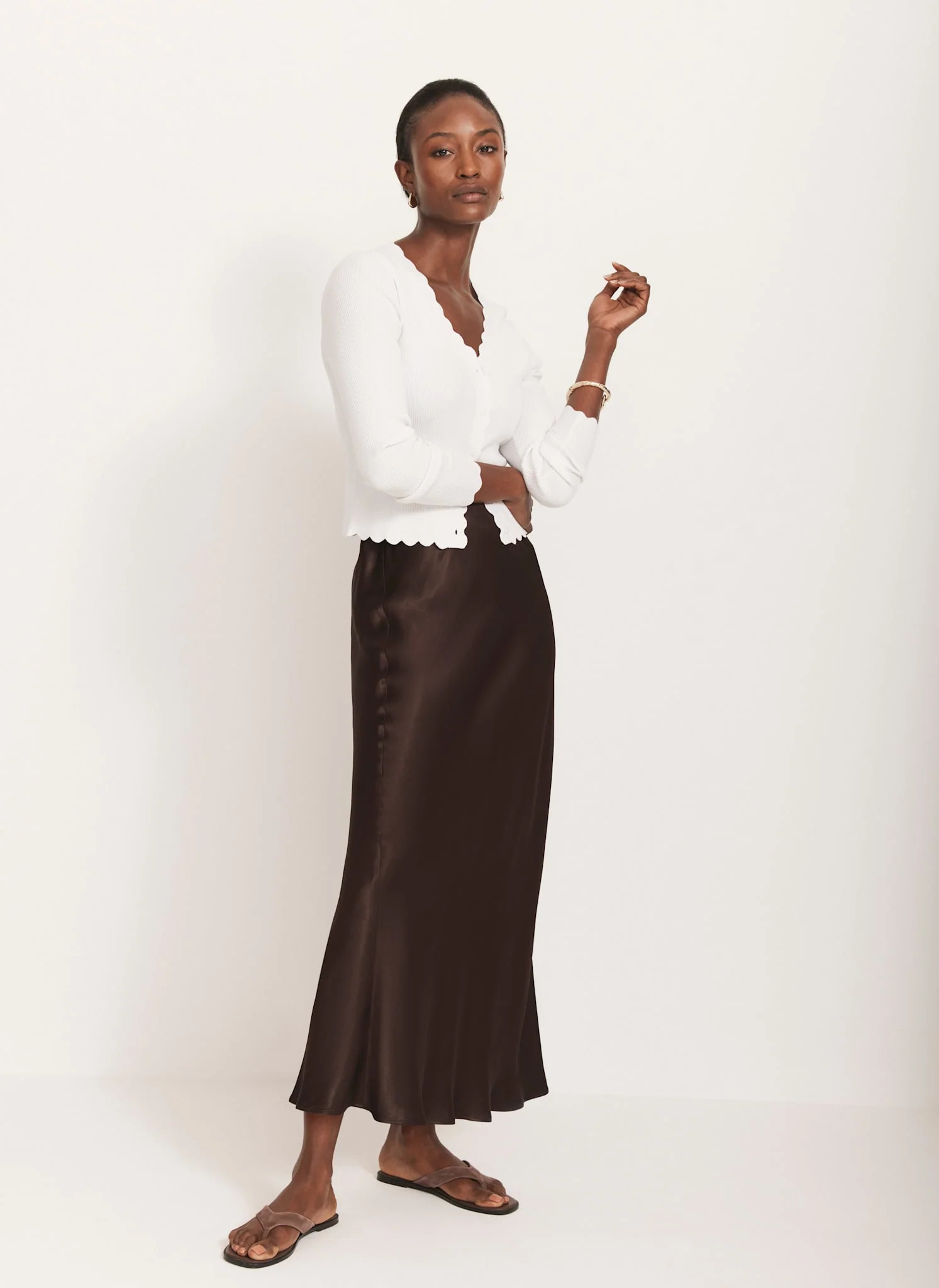 Brown Satin Slip Midi Skirt | Mint Velvet