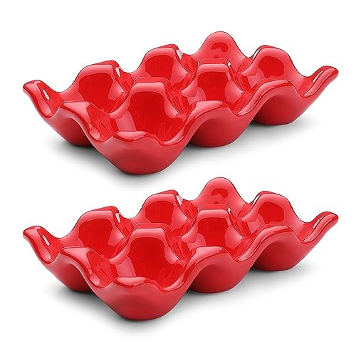 Flexzion Ceramic Egg Tray - 6 Egg Capacity Half Dozen Holder, Red Decorative Serving Dish and Storage Organizer, 2 Pack | Amazon (US)