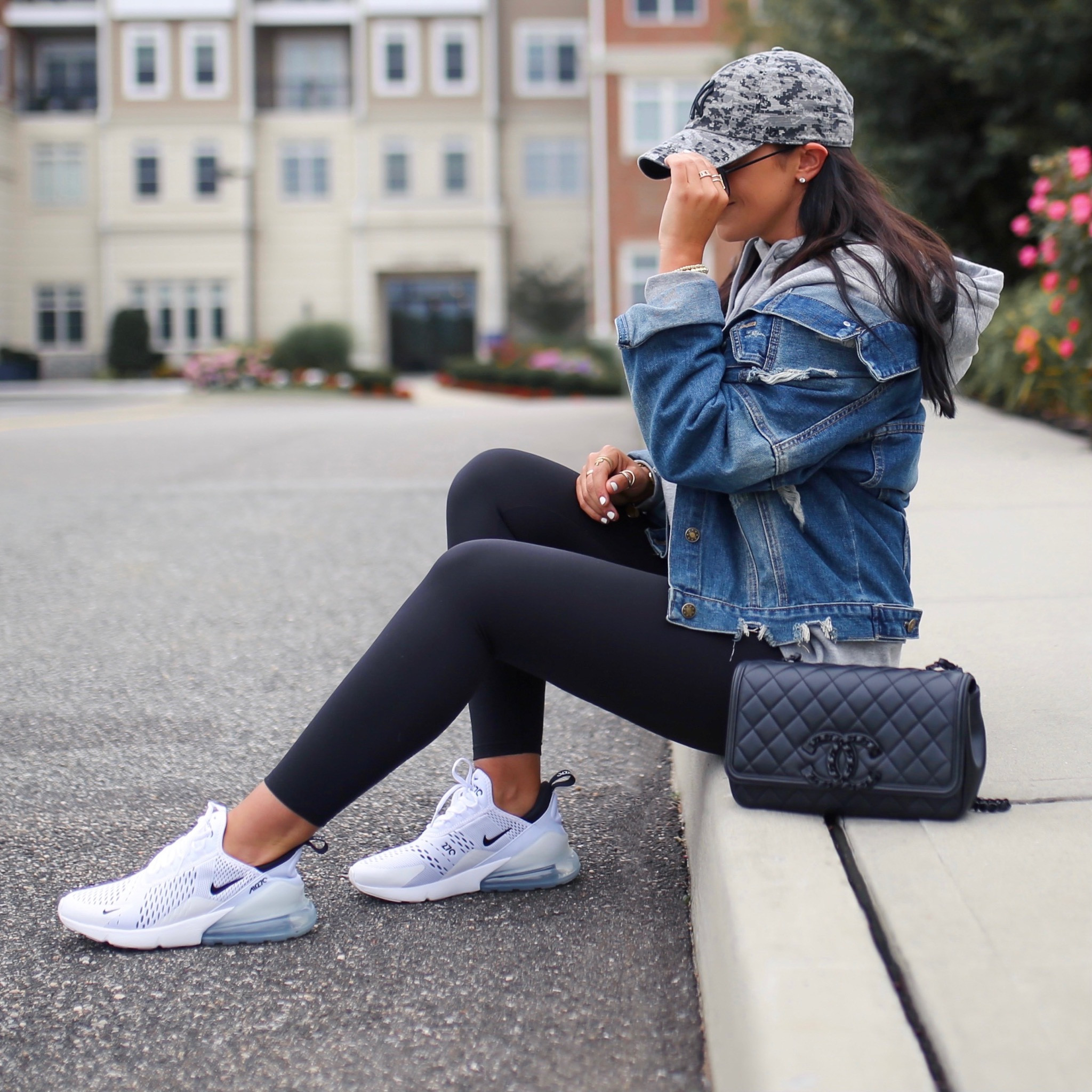 Women's Fleece Pullover Hoodie. Spanx Booty Boost® Active 7/8 Leggings. BlankNYC cropped Jean jacket  Nike Air Max 270. Quay High Key Mini 53mm Gradient Rimless Aviator Sunglasses. Boston Red Sox '47 Phalanx Clean Up Adjustable Hat - Camo