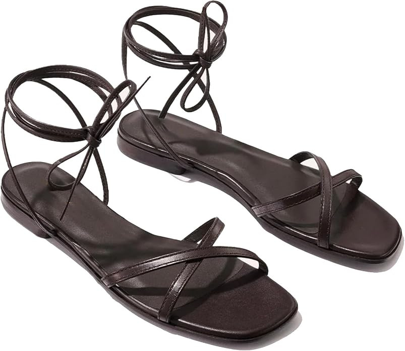 Strappy Flats Sandals for Women Summer Gladiator Lace Up Flat Sandals Open Square Toe Casual Beac... | Amazon (US)