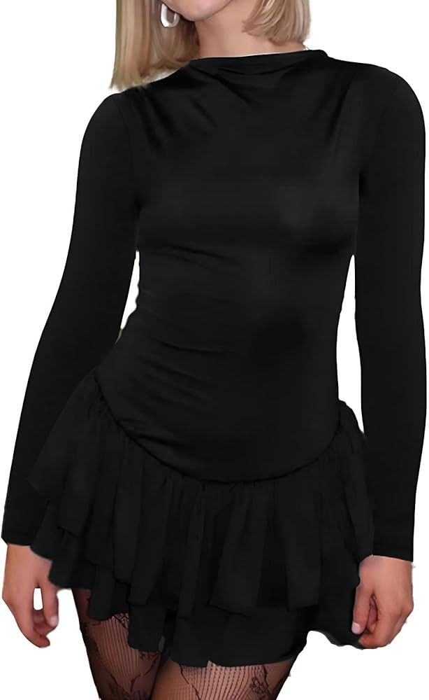 Womens Sexy Round Neck Long Sleeve Ruffled Tiered Bodycon Party Mini Dress | Amazon (US)