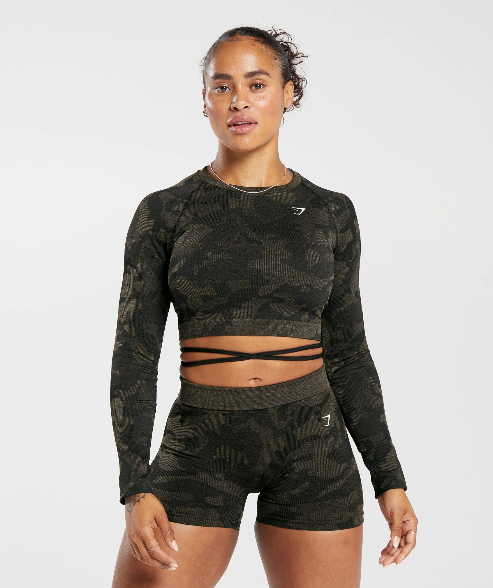 Gymshark Adapt Camo Seamless Ribbed Long Sleeve Crop Top - Black/Camo Brown | Gymshark US