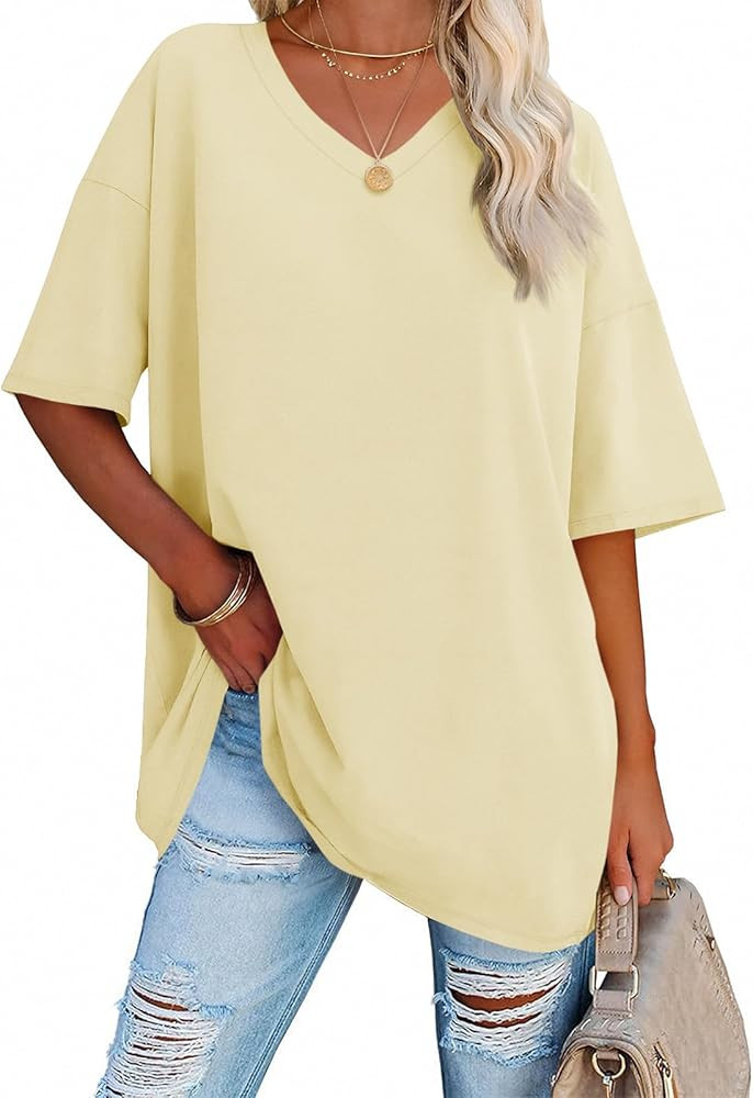 Ebifin Womens Oversized Tshirts V Neck Tee Shirts Half Sleeve Loose Fit T Shirt Cotton Tunic Tops... | Amazon (US)