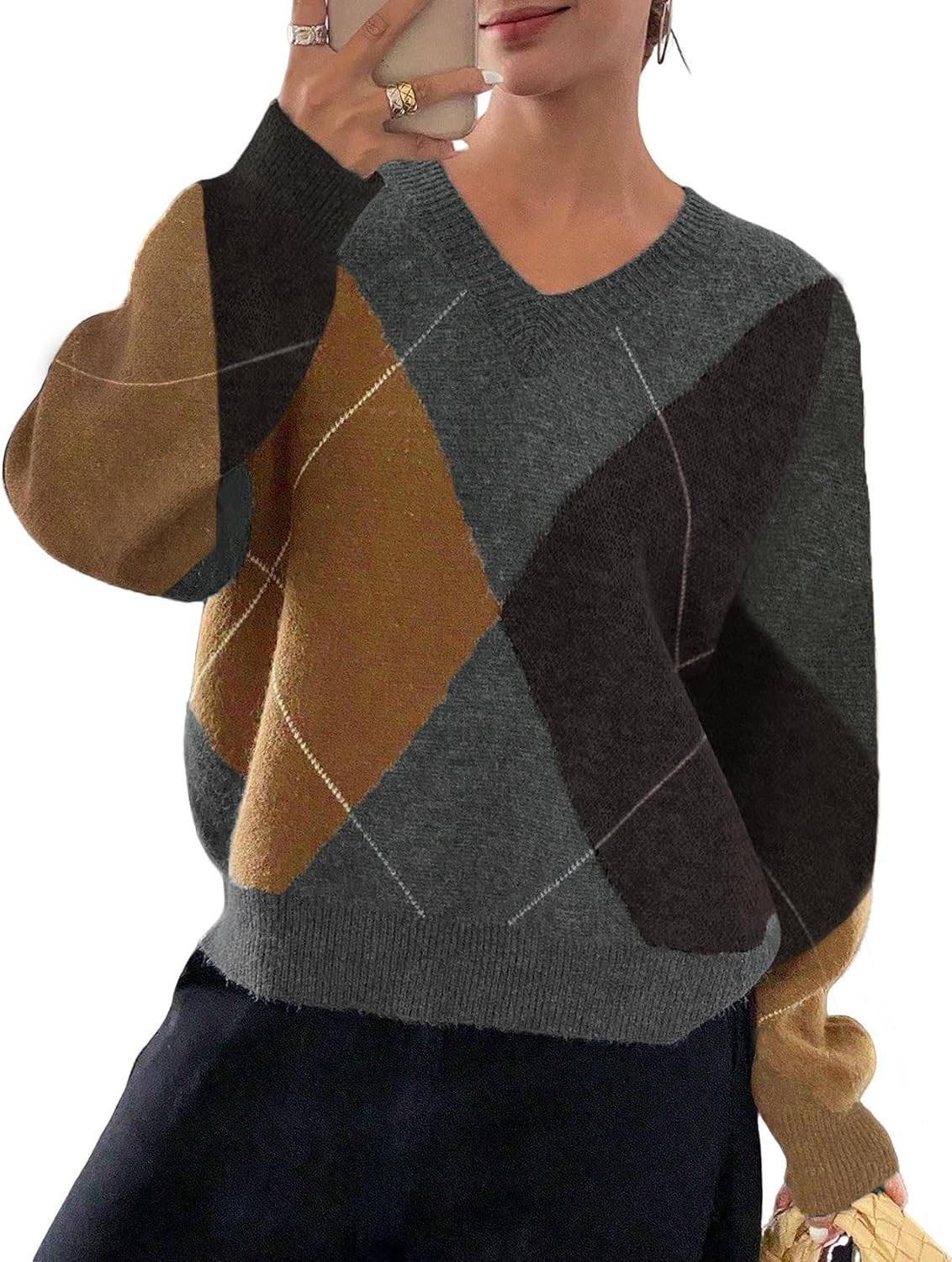 Wyeysyt Argyle Sweater Women Casual Plaid V Neck Drop Shoulder Pullover Sweaters Color Block Chunky Knit Top | Amazon (US)