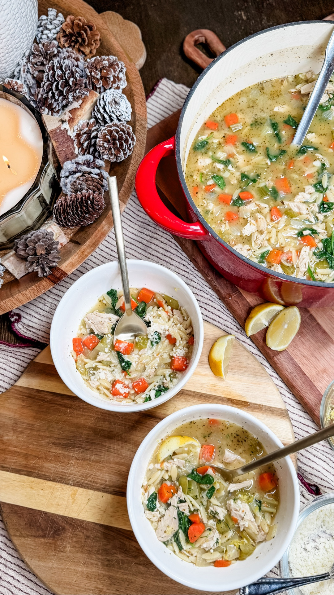 Lemon Chicken Orzo Soup 🍋🥣
The coziest winter bowl—comforting, flavorful, and made in one pot. This lemon chicken orzo soup is perfect for chilly nights, easy weeknight dinners, or when you want something nourishing that everyone actually loves.

Ingredients:
2 tbsp olive oil
3 carrots, diced
3 celery stalks, diced
½ medium onion, diced
6 garlic cloves, minced
2 tbsp all-purpose flour
8 cups chicken broth
1 tbsp Italian seasoning
1½ lbs boneless, skinless chicken breasts
1 cup dry orzo pasta
Large handful of fresh spinach
Salt & black pepper, to taste

For finishing:
Lemon juice & lemon zest
Fresh dill, chopped
Freshly grated Parmesan

Instructions:
Heat olive oil in a large pot. Sauté carrots, celery, and onion until softened. Stir in garlic and flour, then slowly add broth and seasonings. Add chicken and simmer until cooked through. Remove chicken, shred, and return to the pot with orzo; cook until tender. Stir in spinach.

Serve warm with lemon juice, lemon zest, Parmesan, and fresh dill, if desired.

#LTKfoodie #LTKHome
