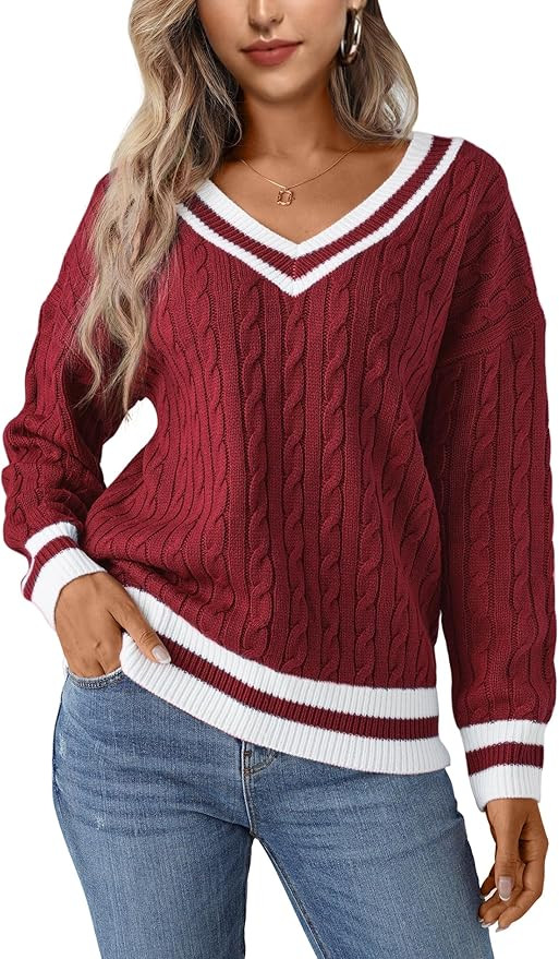 Jollycode Women's Cable Knit V Neck Sweaters Casual Long Sleeve Pullover Striped 2023 Trendy Loos... | Amazon (US)