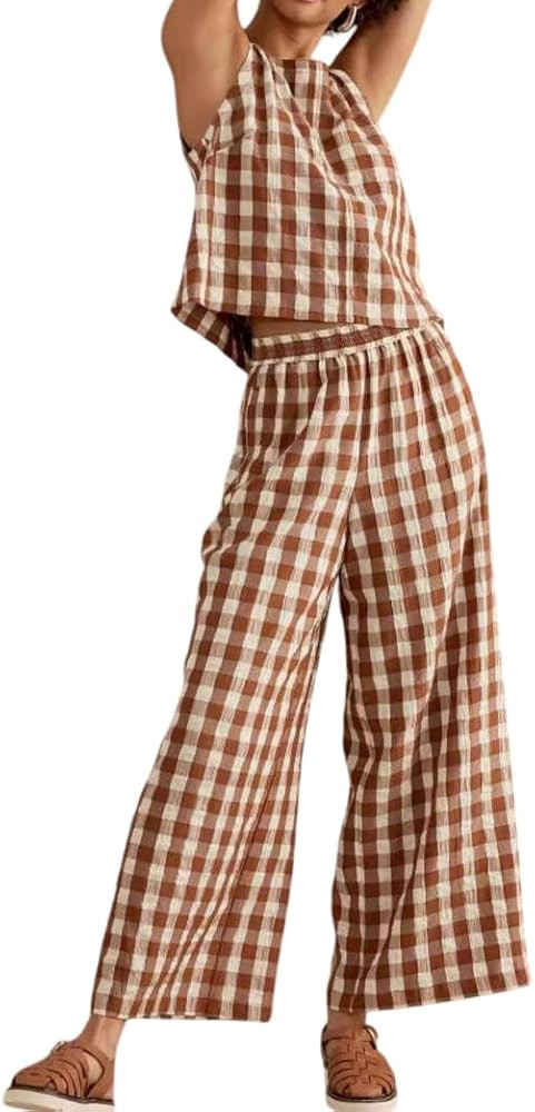 Women 2 Piece Summer Outfits Gingham Lounge Set Y2k Plaid Sleeveless Top Wide Leg Pants Matching ... | Amazon (US)