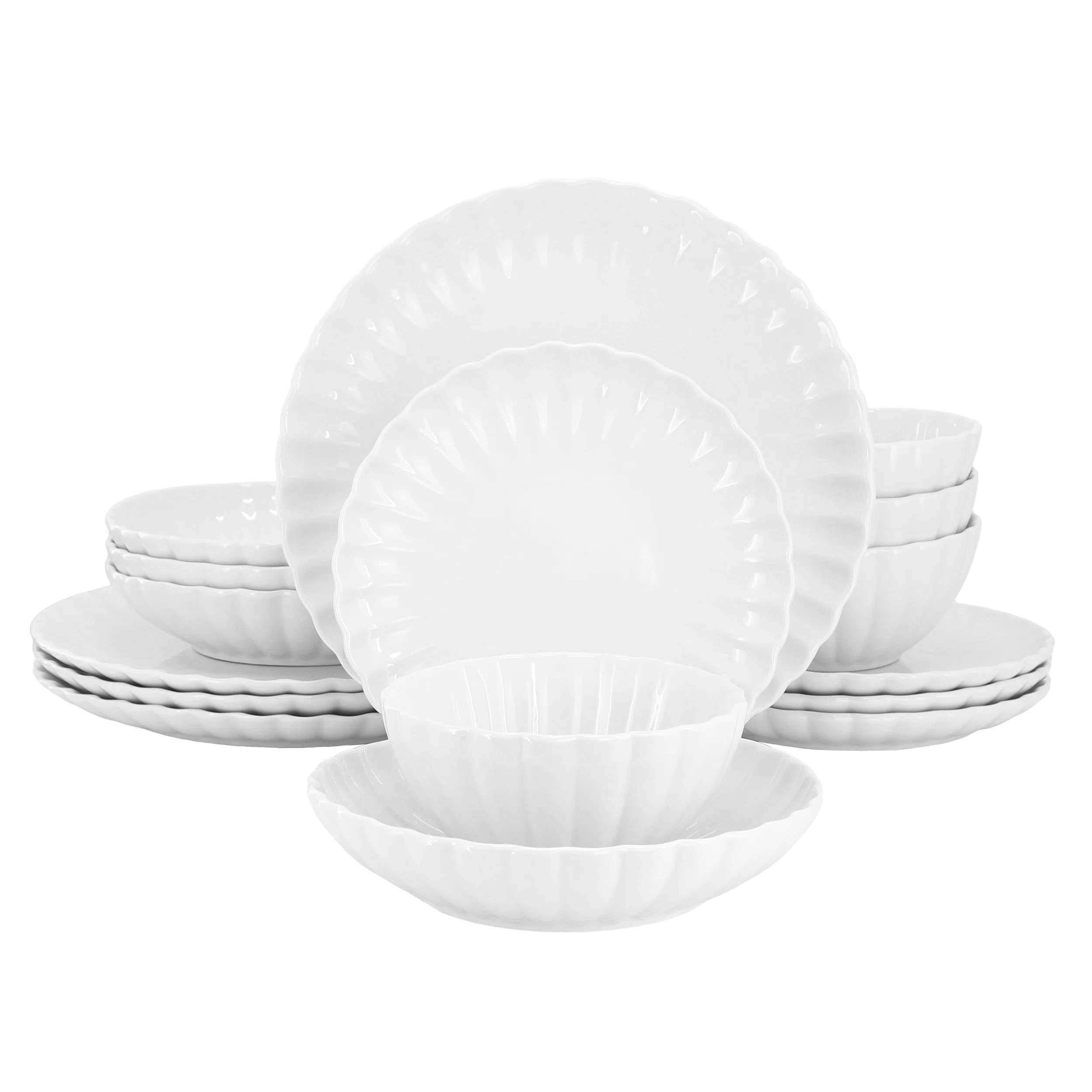 Velour 16 Piece Scalloped Double Bowl Porcelain Dinnerware Set in White | Wayfair North America
