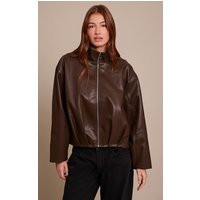 Chocolate Brown Faux Leather Funnel Neck Gathered Back Bomber Jacket | PrettyLittleThing UK