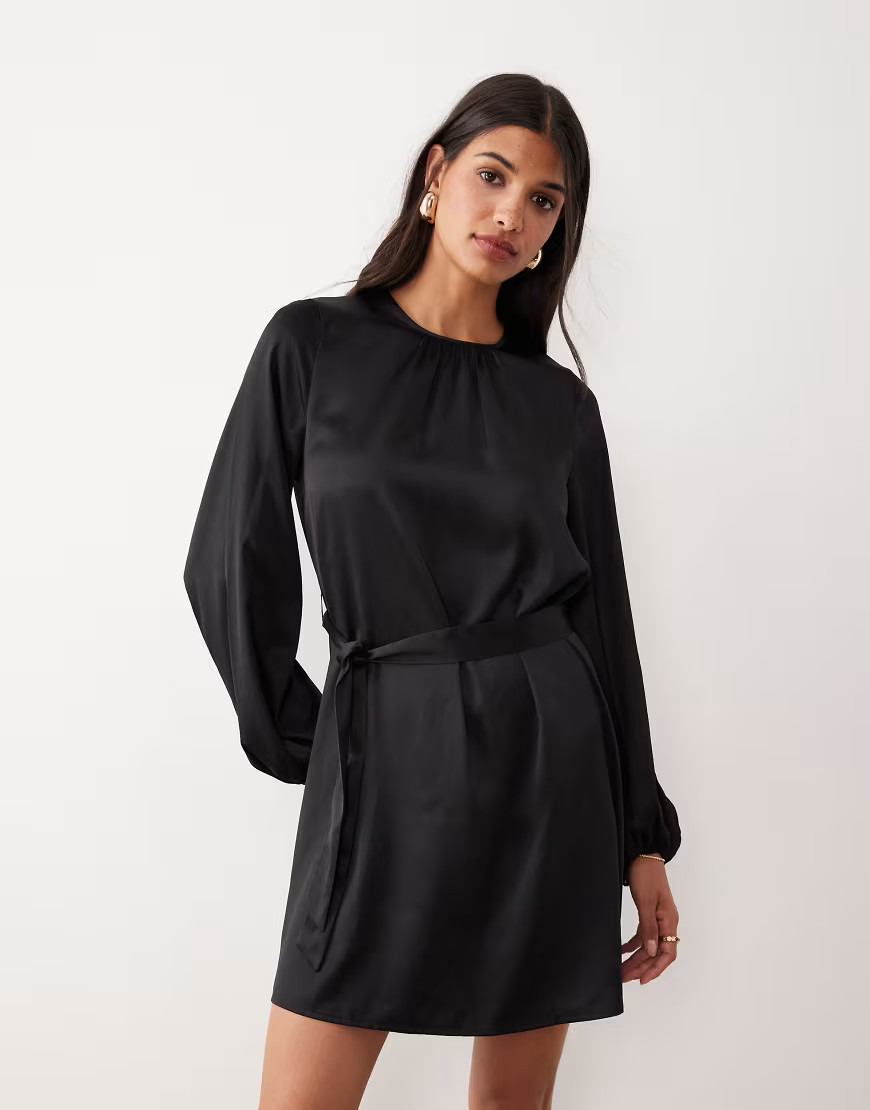 VILA balloon sleeve satin tie waist mini dress in black | ASOS (Global)
