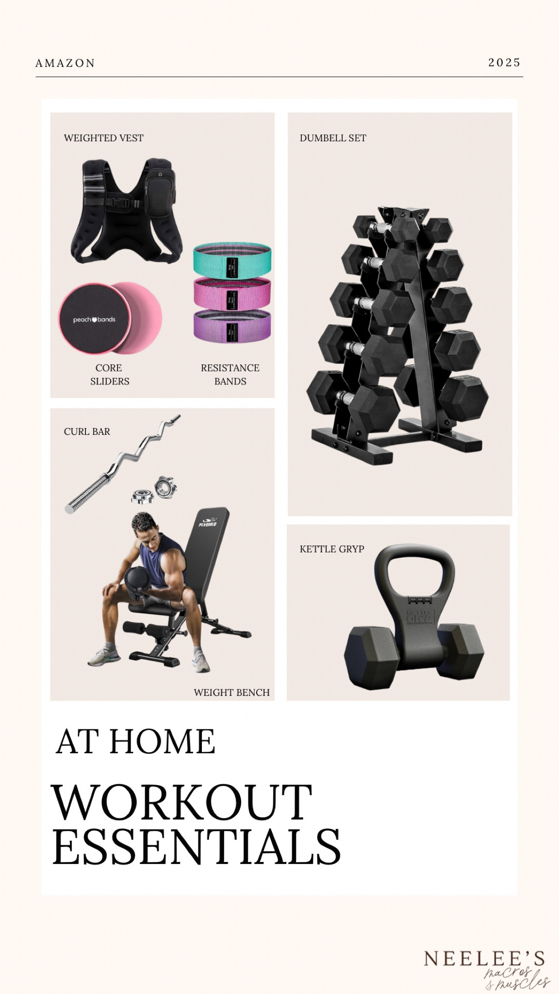 At home work out essentials I highly recommend as a personal trainer and wellness coach! 

Follow me on IG @neeleesmacrosandmuscles for more tips, information and wellness inspiration 


Kettlebell converter- turn almost any dumbbell into a kettle ball!
Dumbbells!
Resistance bands, weight bench 

#LTKActive #LTKFitness #LTKOver40