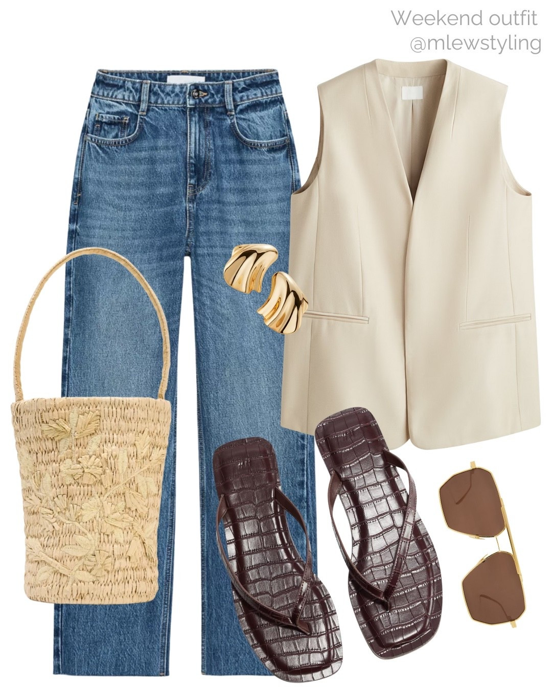 Easy and chic outift for the weekend 🤎

Tags: new in Zara straight leg jeans, H&M flip flop sandals, raffia bucket bag, aviator sunglasses, linen vest, neutral wardrobe 

#LTKStyleTip #LTKShoeCrush #LTKFindsUnder100
