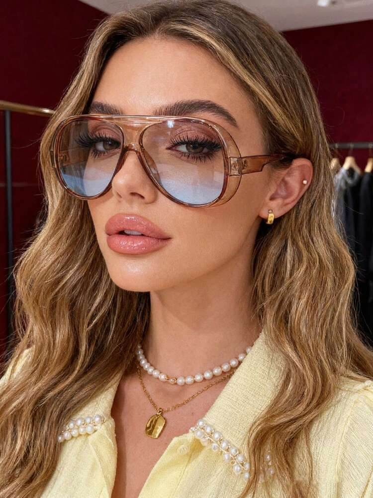 1 Pair Oversized Pilot Style Toad Eye Fashion Glasses, Personalized American Style Glasses, Summer Vacation Beach Accessory, Gradient Color, Women's Fashion Toad Eye Glasses, Suitable For All Seasons, Concave Lens, Same Style | SHEIN