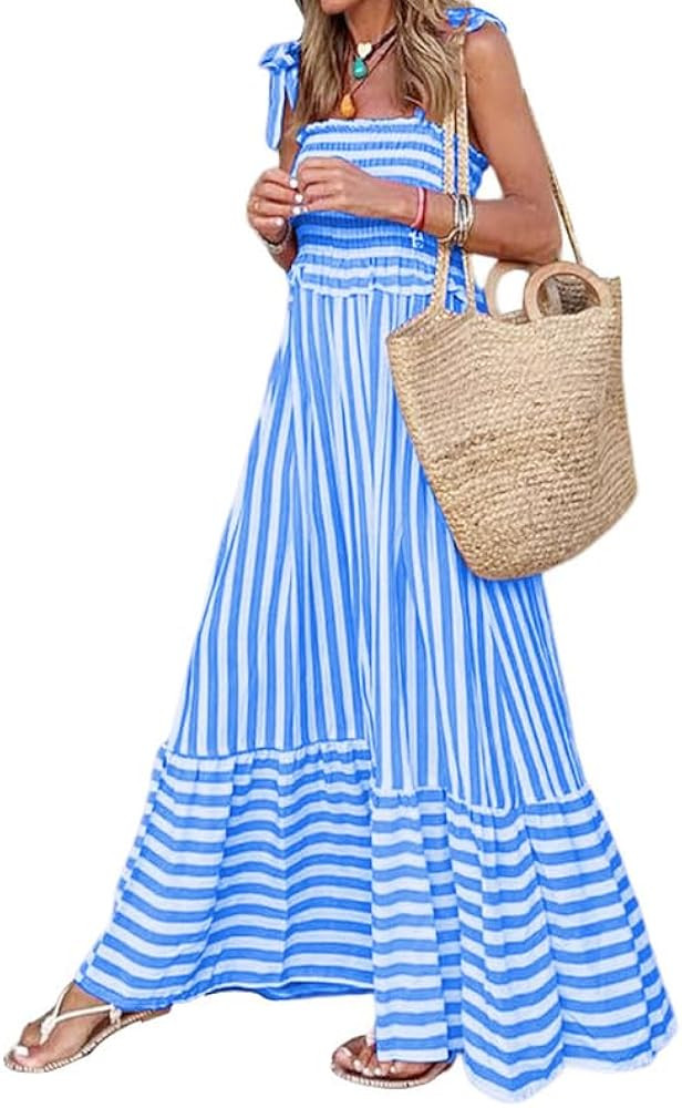 Women Tie Shoulder Graphic Boho Maxi Dress Sleeveless Flowy Tiered A Line Dress Summer Vocation G... | Amazon (US)