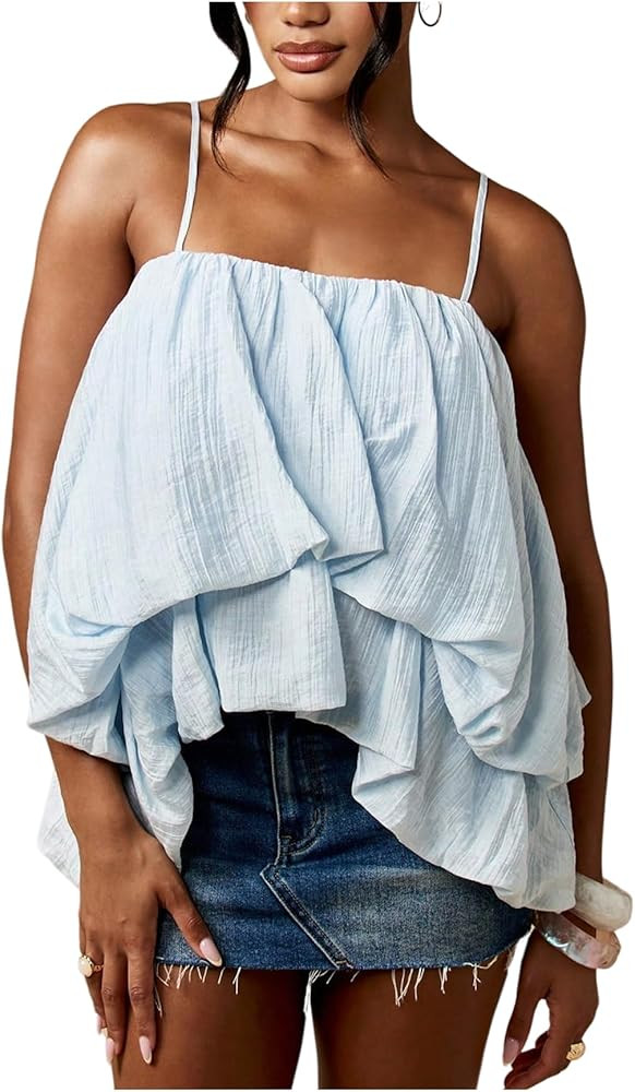 MakeMeChic Women's Bubble Hem Camisole Ruffle Layered Spaghetti Strap Cute Tops | Amazon (US)