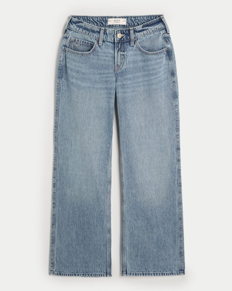 Low-Rise Medium Wash Embroidered Bow Baggy Jeans | Hollister (US)