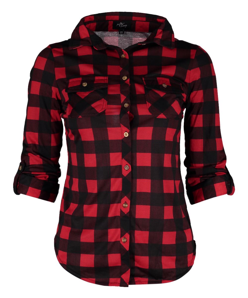 Black & Red Plaid Roll-Tab Button-Up - Women | Zulily