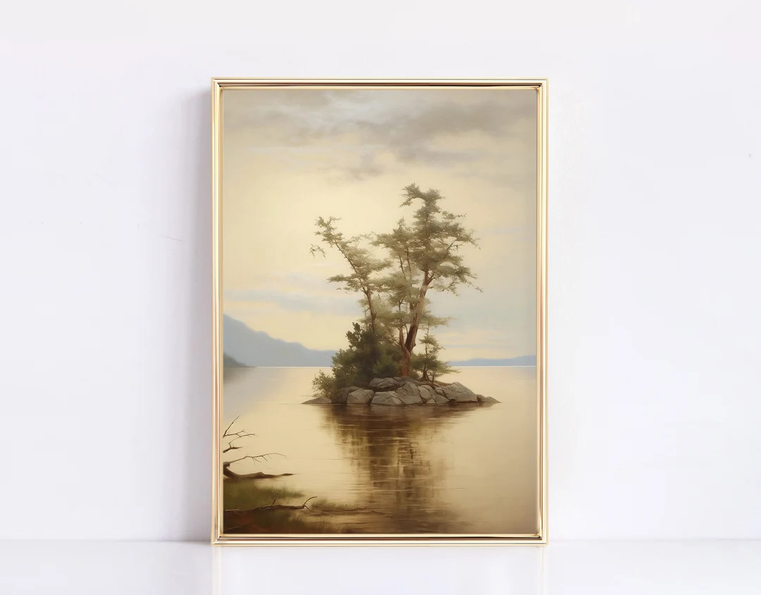 Tree Island Print Water Edge Tree Neutral Vintage Digital Print Landscape Painting Modern Vintage... | Etsy (US)