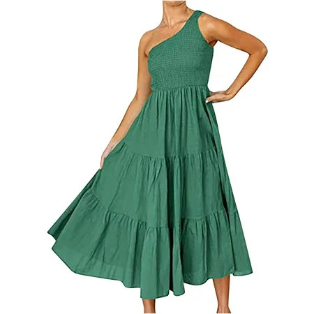 Summer One Shoulder Dresses for Women 2022 Wedding Guest Maxi Dress Beach Casual Sleeveless Smocked  | Walmart (US)