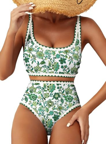 Herseas Women's Bikini Sets Floral Print Swimsuits High Waisted Adjustable Straps Bathing Suits Teen Sporty Green Beach Outfits Medium | Amazon (US)