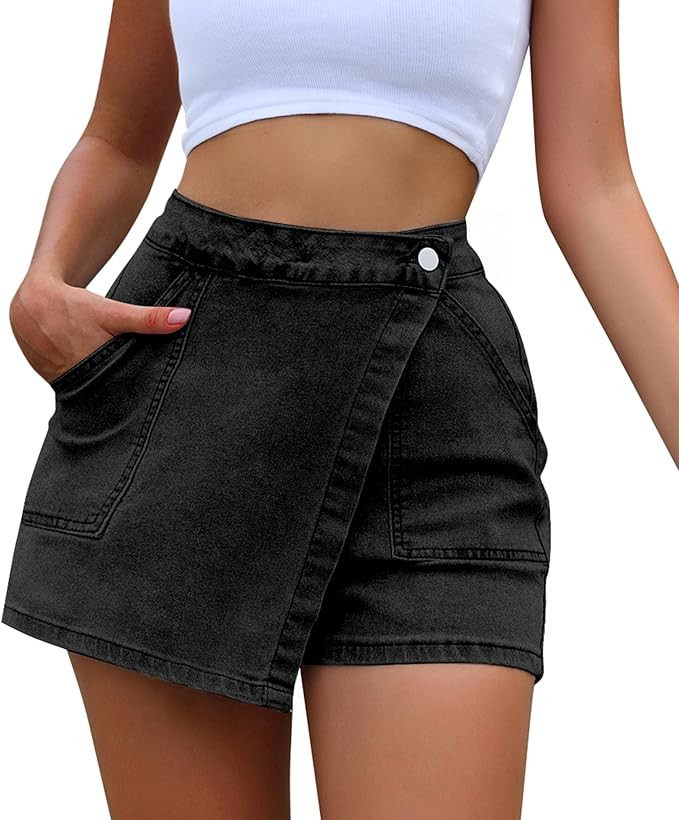 Women High Waisted Wrap Denim Shorts Casual Y2k Denim Cargo Jeasn Skort Cross Over Waist Asymmetr... | Amazon (US)