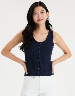 AE Button Front Lace Trim Tank Top | American Eagle Outfitters (US & CA)