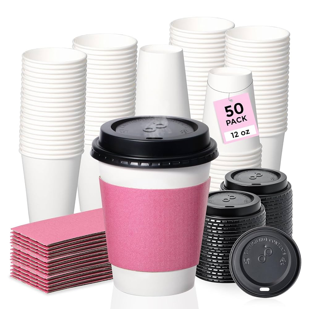 Fit Meal Prep 50 Pack 12 oz Disposable Coffee Cups with Lids and Pink Sleeves Lead-Proof Sturdy T... | Amazon (US)
