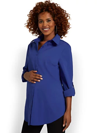Maternity Poplin Button-Front Tunic Top - New York & Company | New York & Company