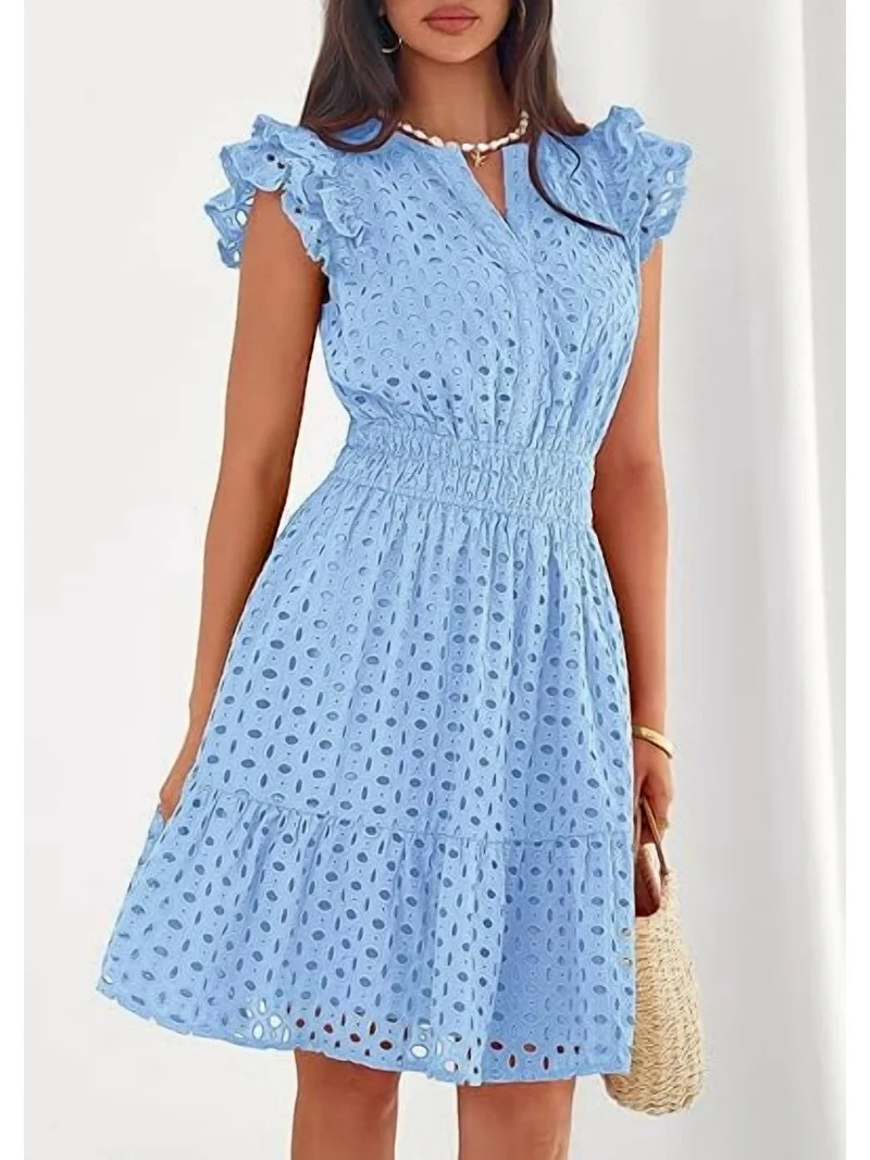 PRETTYGARDEN Women's Summer Sundresses Eyelet Cap Sleeve V Neck Short Boho Wedding Guest Dress Be... | Walmart (US)