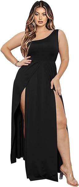 Ekaliy Women's Deep V Neck Plus Size Bodycon Ruched One Shoulder Maxi Dress Flowy Split Long Dres... | Amazon (US)