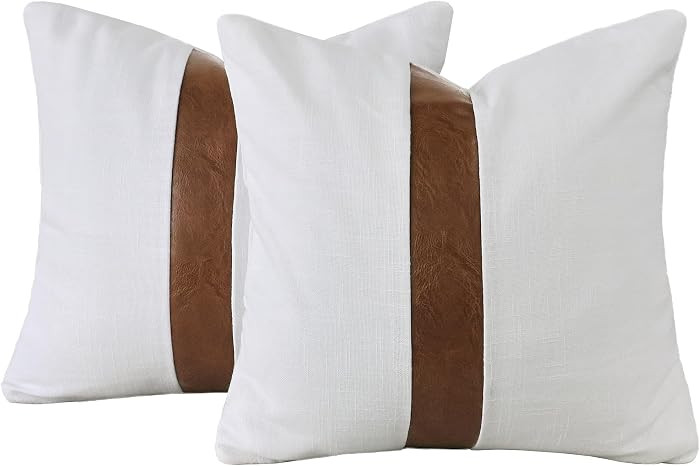 Set of 2 Brown Faux Leather and Cream Linen-Textured Pillow Covers 18x18 Inch, Color-Block Decora... | Amazon (US)
