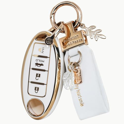 For Nissan Key Fob Cover 4 Button, Key Fob Case for Altima Rogue Murano, Keys Shells for Armada Maxima with Keychain, Car Accessories Bling (RC4A White) | Amazon (US)