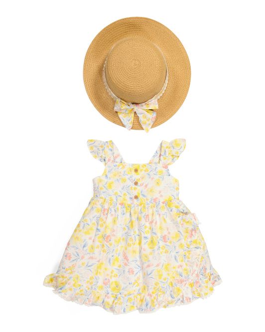 Toddler Floral Dress With Crochet Trim Hem And Straw Hat | TJ Maxx