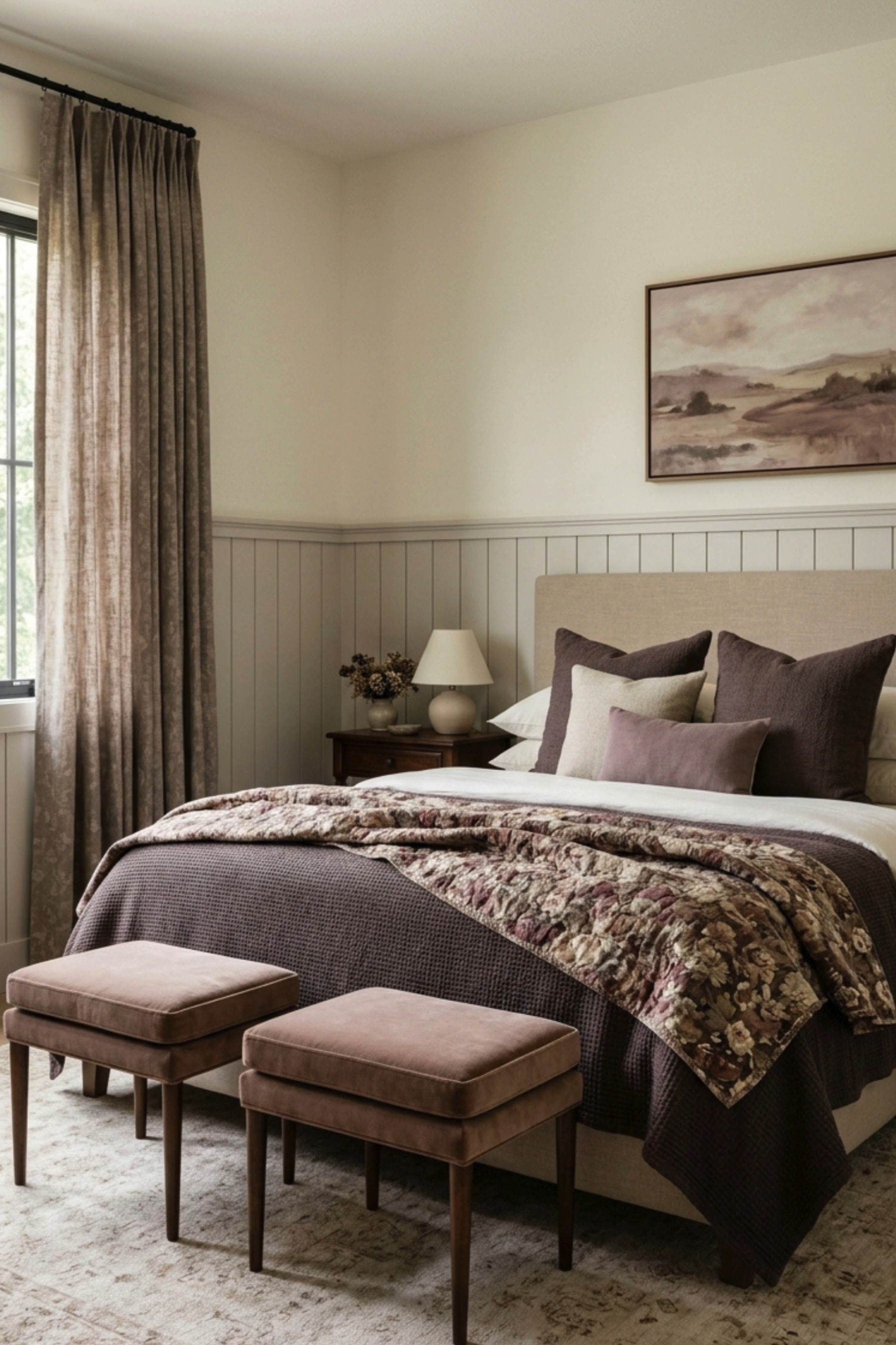 Soft Plum Fall Bedroom Inspiration 🤎 This cozy bedroom layers muted plum, dusty mauve, warm taupe, and creamy neutrals for a sophisticated fall color palette. The upholstered bed is styled with oversized textured pillows, a deep plum coverlet, and a vintage-inspired floral quilt, while classic wall paneling, linen curtains, landscape artwork, a warm wood nightstand, and velvet stools create a timeless modern traditional feel. Soft pattern and earthy color give this space a romantic English country look that feels warm, collected, and perfect for fall. 🖤 If you want to see more content like this, FOLLOW maeveandmodern on LTK, Instagram, and Pinterest! Check out our blog where we post daily, maeveandmodern.com! Fall Bedroom Decor | Plum Bedroom | Mauve Bedroom Decor | Dusty Rose Decor | Cozy Bedroom Ideas | Modern Traditional Bedroom | English Country Bedroom | Neutral Bedroom | Upholstered Bed | Layered Bedding | Floral Quilt | Vintage Inspired Bedding | Plum Coverlet | Textured Throw Pillows | Velvet Stools | Bedroom Ottomans | Wall Paneling | Wainscoting Bedroom | Linen Curtains | Landscape Wall Art | Warm Wood Nightstand | Vintage Inspired Rug | Romantic Bedroom Decor | Warm Neutral Bedroom | Fall Bedroom Refresh | Designer Bedroom Inspiration #LTKFindsUnder100

#LTKHome #LTKSaleAlert #LTKSeasonal