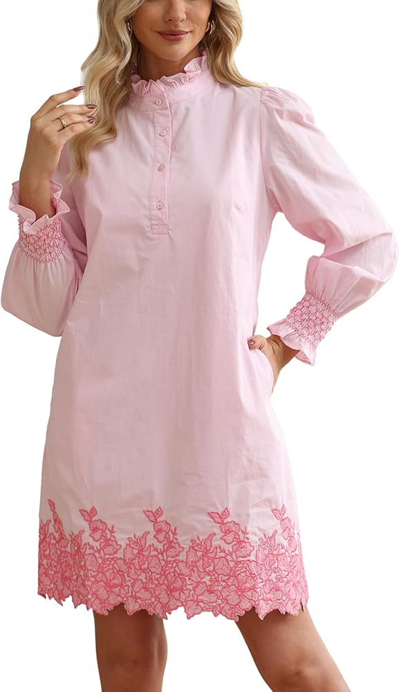 Women's Spring Embroidered Mini Dress Long Puff Sleeve Ruffle Collar Button Front Shift Dress | Amazon (US)