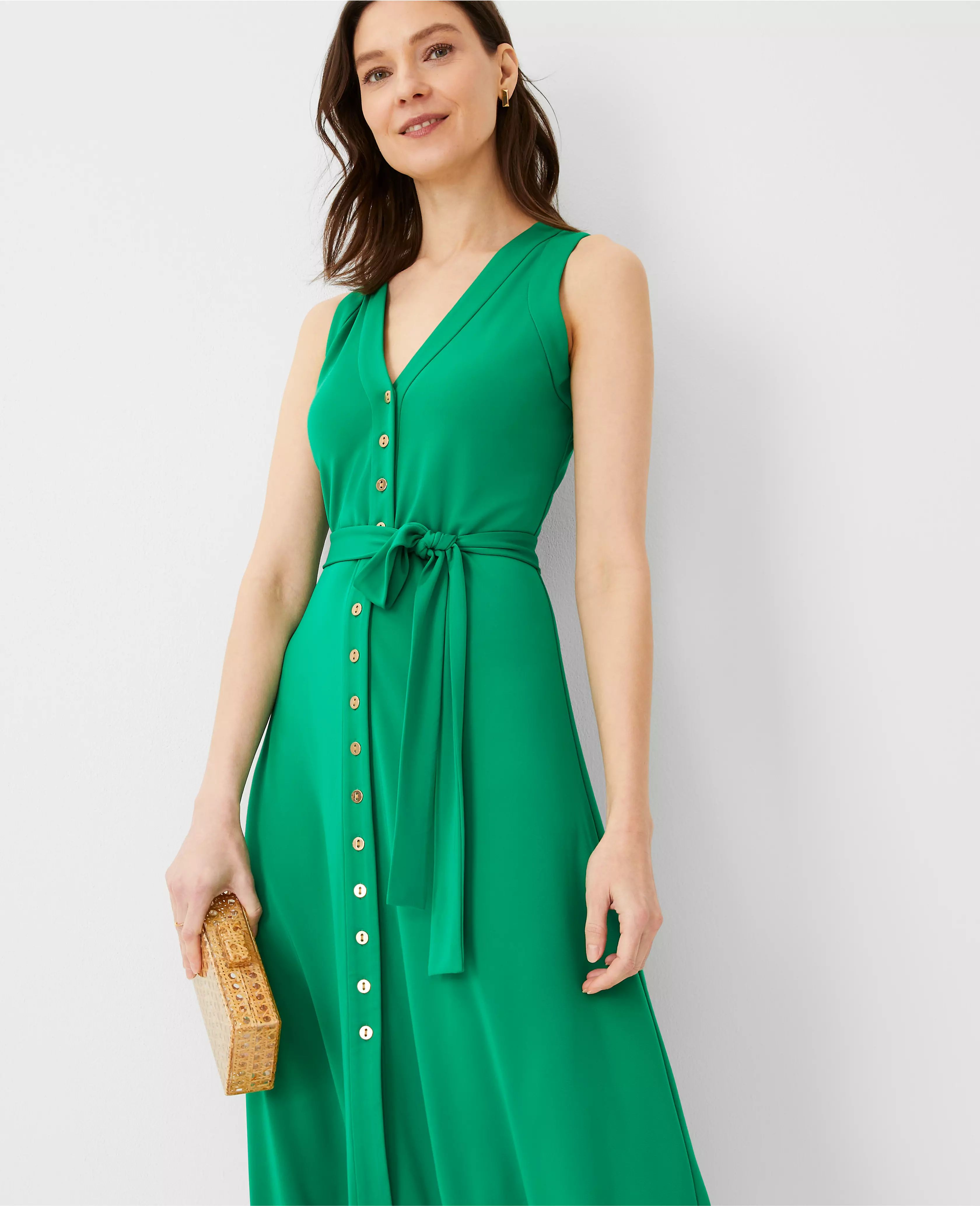 V-Neck Button Flare Midi Dress | Ann Taylor (US)