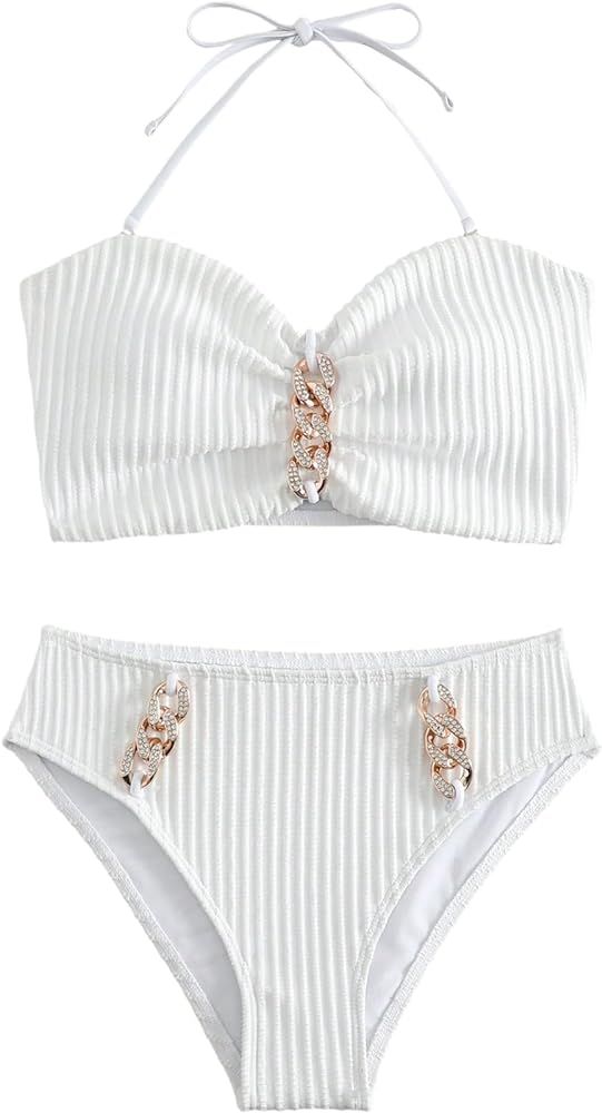 SHENHE Women's 2 Piece Swimsuits Halter Bikini Chain Linked Bathing Suits Swimwear | Amazon (US)