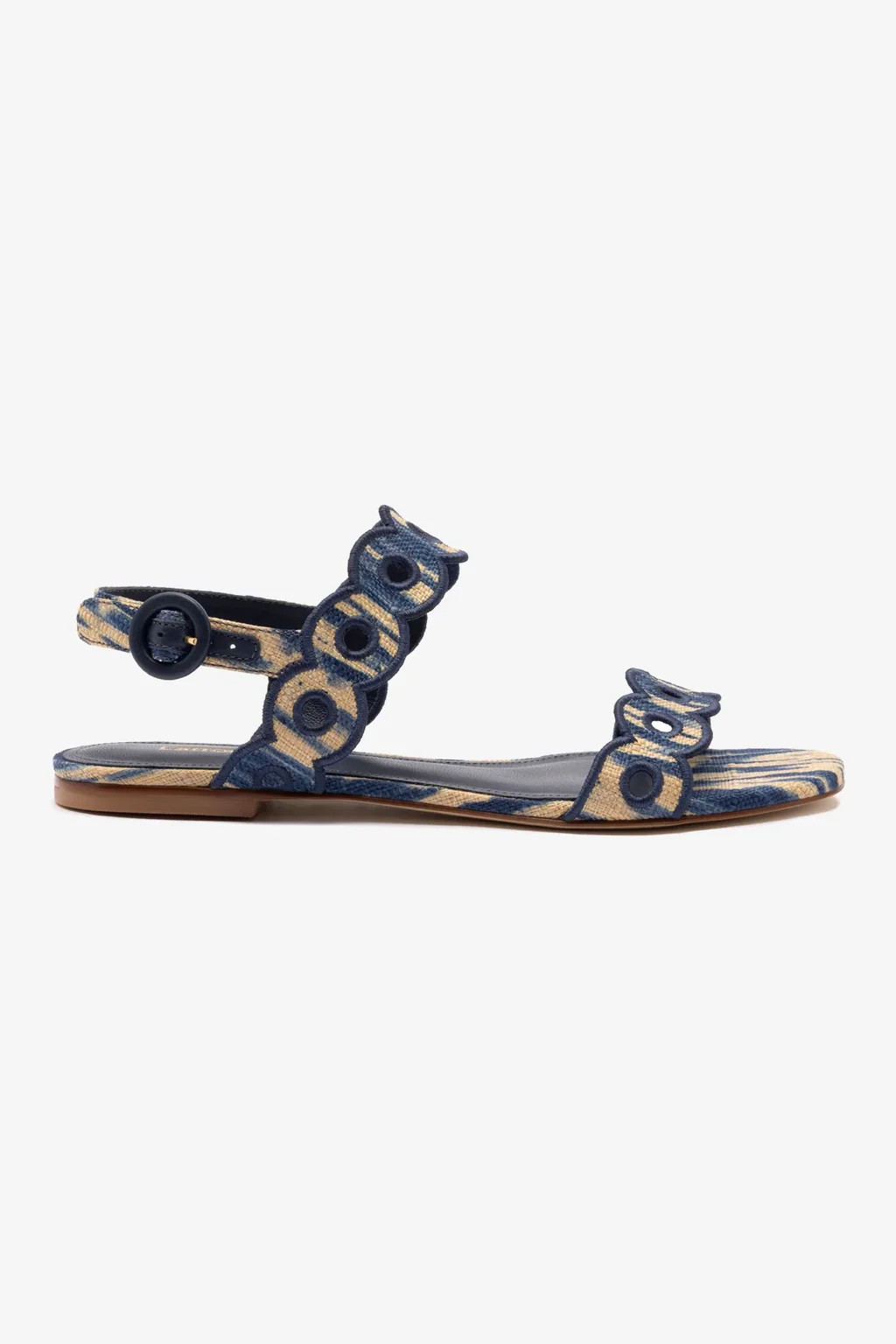 Florence Broderie Flat Sandal In Tie Dye Beige and Navy Raffia | Larroude
