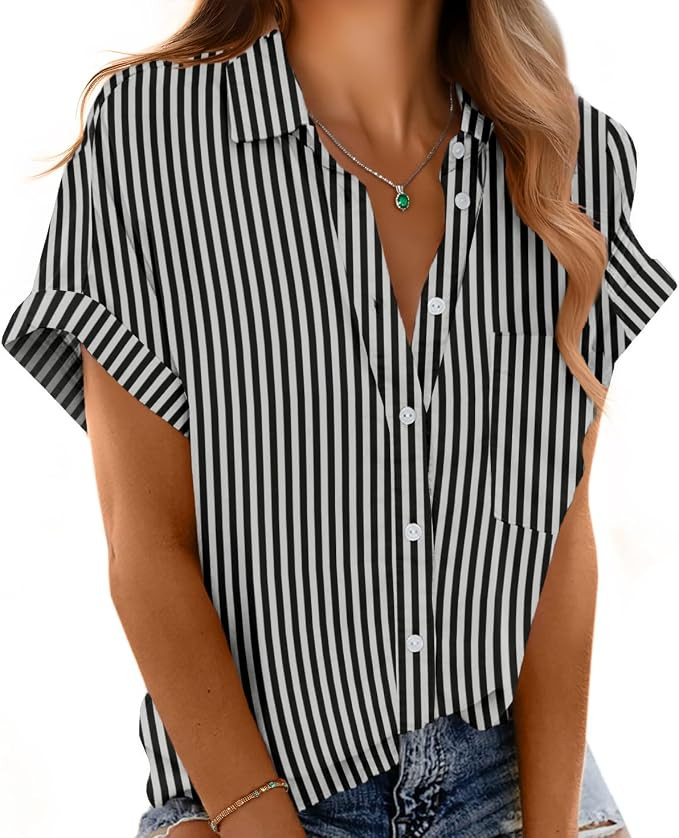 Mintreus Button Down Short Sleeve Shirts for Women V Neck Loose Roll Up Collared Shirt Casual Sum... | Amazon (US)
