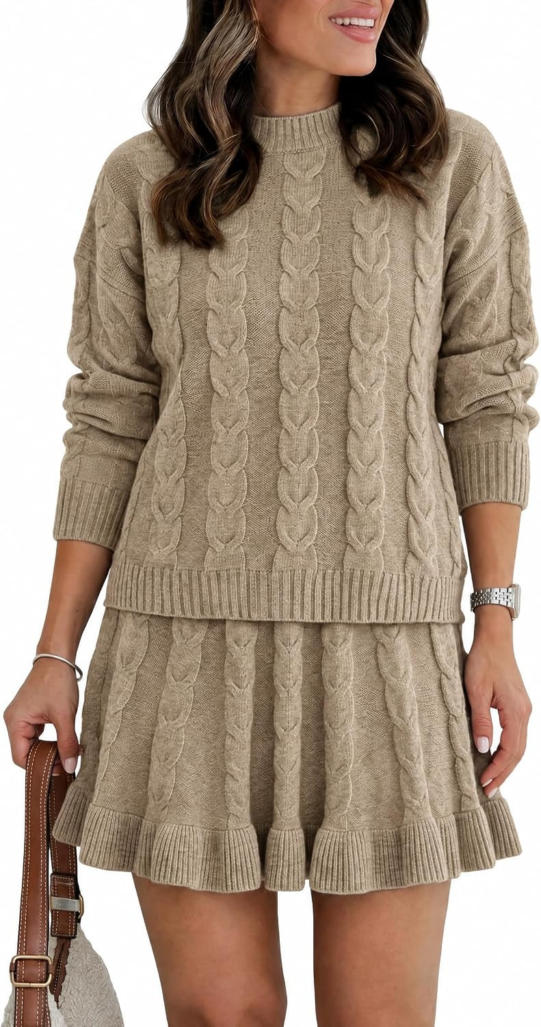 Tankaneo Womens 2 Piece Sweater Skirts Set Chunky Cable Knit Ruffle Skirt | Amazon (US)