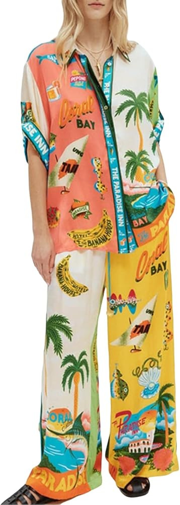 Yuemengxuan Women Vintage Graffiti Casual Set 2 Piece Lounge Set Short Sleeve Button Down Loose S... | Amazon (US)