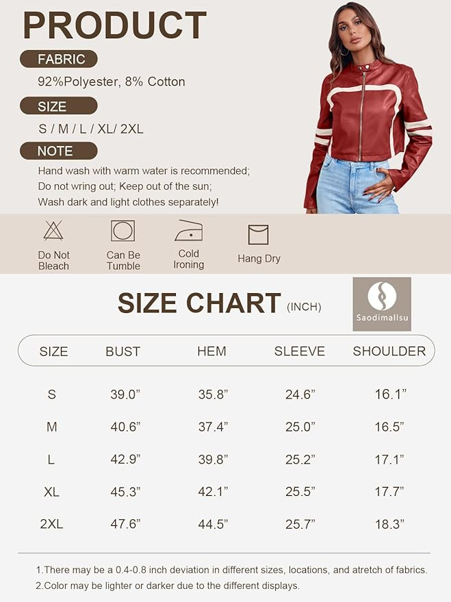Saodimallsu Women’s Faux Leather Jackets Zip Up Stand Collar Cropped Motocross PU Coats | Amazon (US)