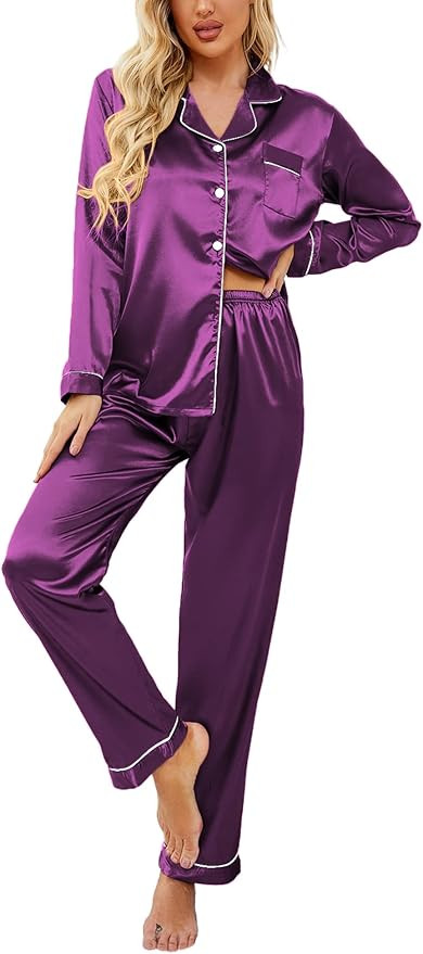Ekouaer Women's Classic Button Down Long Satin Silk Pajama Set | Amazon (US)
