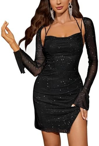 HTZMO Sexy Women's Halter Flounce Sleeves Ruched Mini Dress Sheer Mesh Side Split Cute Party Shor... | Amazon (US)