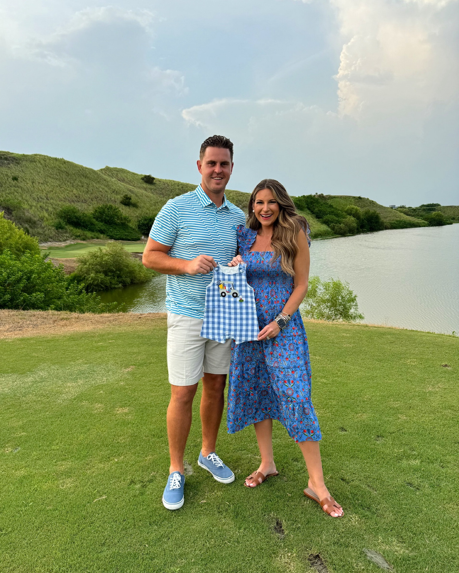 Gender reveal golf cart baby boy jon jon.
Danielle in a small dress and sandals. 
Sean in large polo shirt and size 36 golf shorts and sneakers. 

#LTKStyleTip #LTKBaby #LTKBump