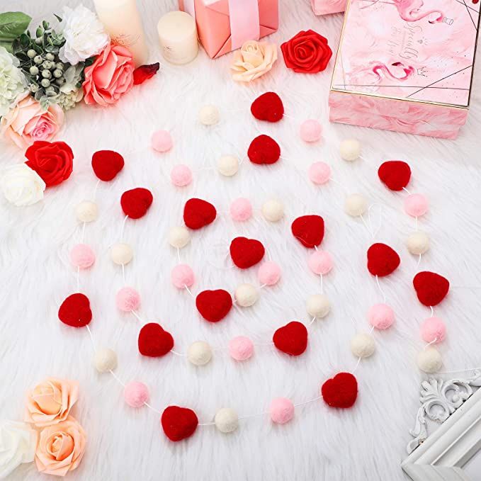 2 Pieces Valentine's Day Felt Ball Garland Heart Felt Balls Garland Valentine Pom Pom Garland Col... | Amazon (US)