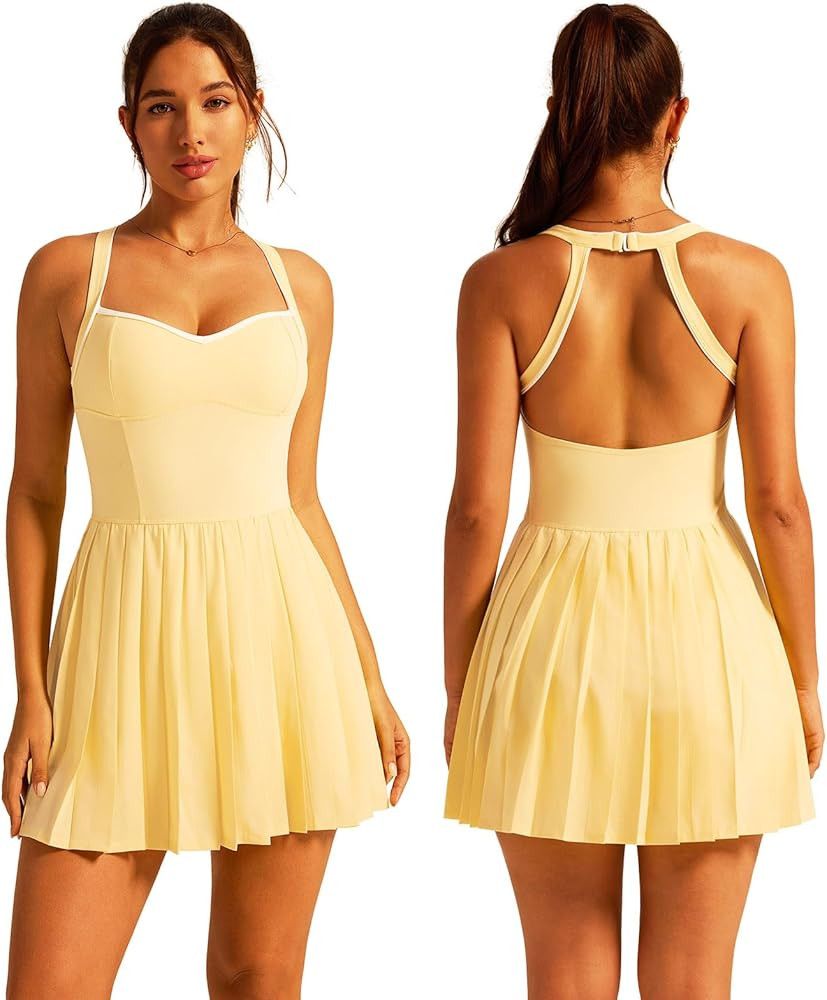 OMEWEE Tennis Golf Dresses for Women Color Contrast Pleated with Built in Shorts and Bra | Amazon (US)